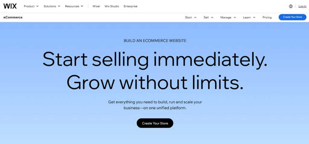 wix ecommerce website home page