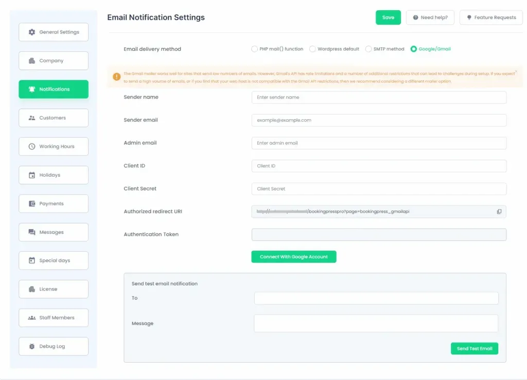 BookingPress automated email and SMS notifications settings
