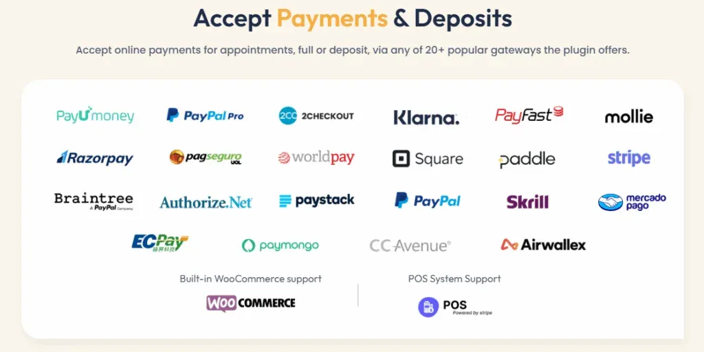 Supported payment integration of BookingPress