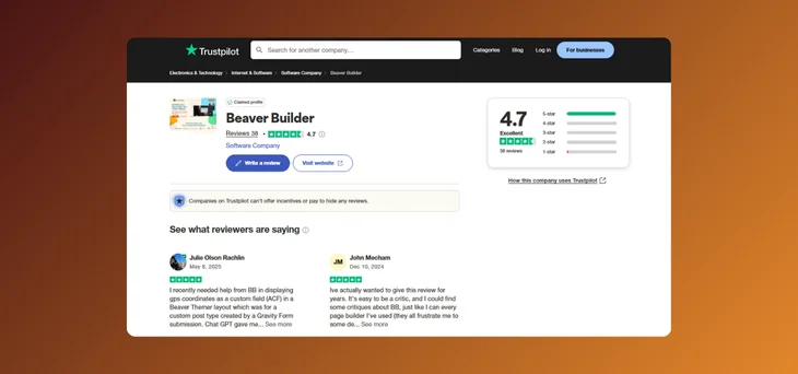 Beaver Builder Trustpilot Review