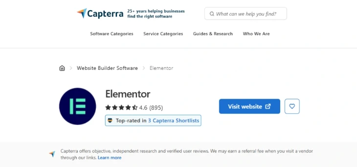 Elementor Capterra and Software Review Platforms