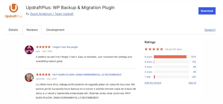 UpdraftPlus WordPress.org Plugin Reviews