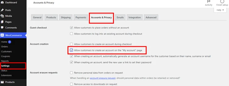 woocommerce account & privacy settings