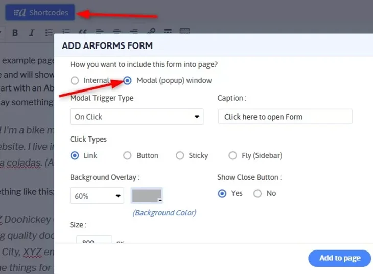 enable arforms popup feature