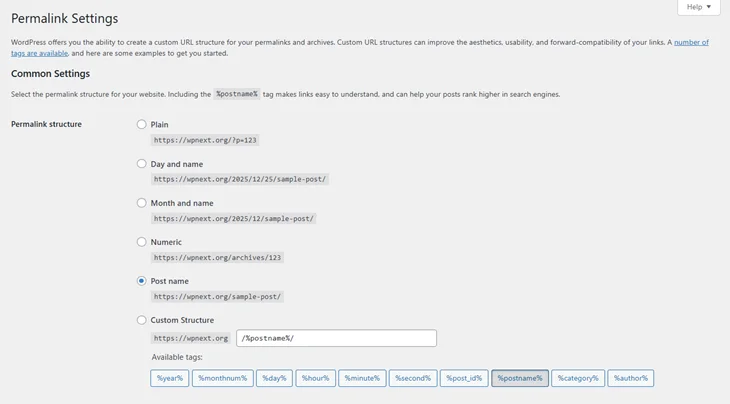 wordpress link setting