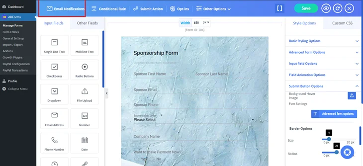arforms email notification option