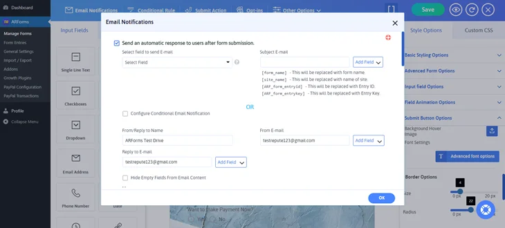 arforms email notification setting