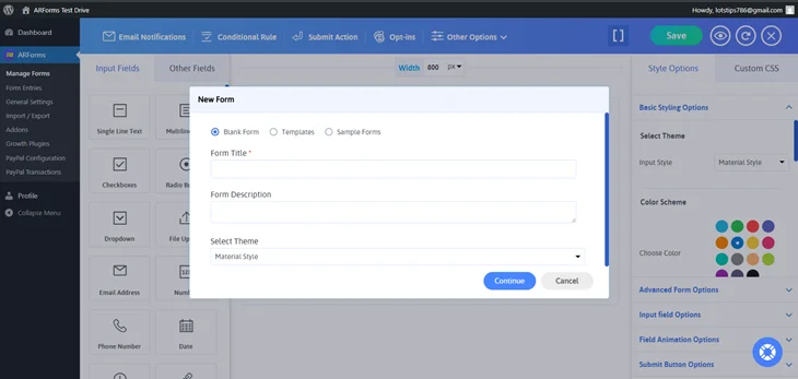 arforms new form popup