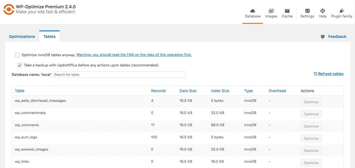 clear database with wp optimize