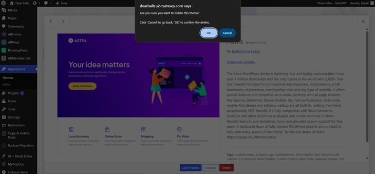 confirmation popup to theme delete