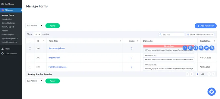 copy arforms shortcode