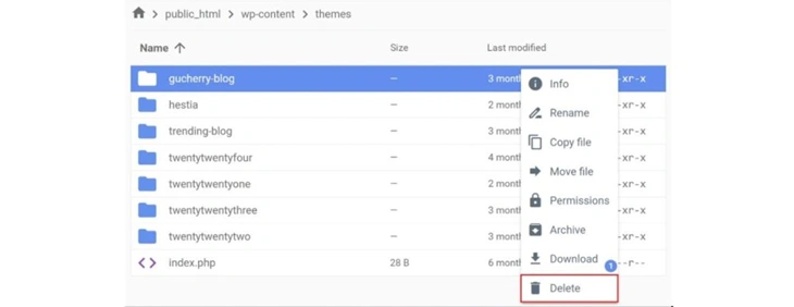 delete option popup in file manager