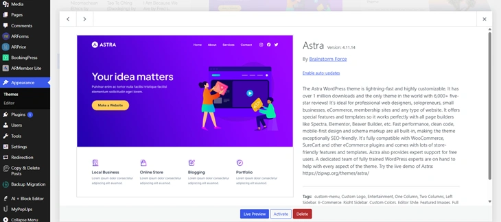 delete wordpress theme