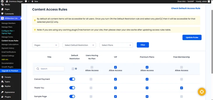 armember content access rule setting