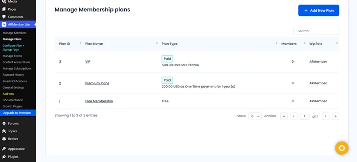 armember manage membership plan page