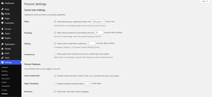 bbpress forum settings